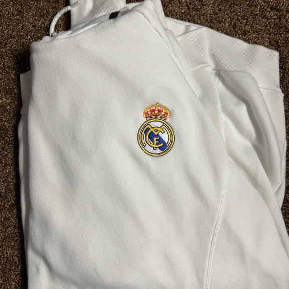 adidas Real Madrid White XL Pullover Hoodie Men's Fleece Striped Drawstring - Picture 5 of 8